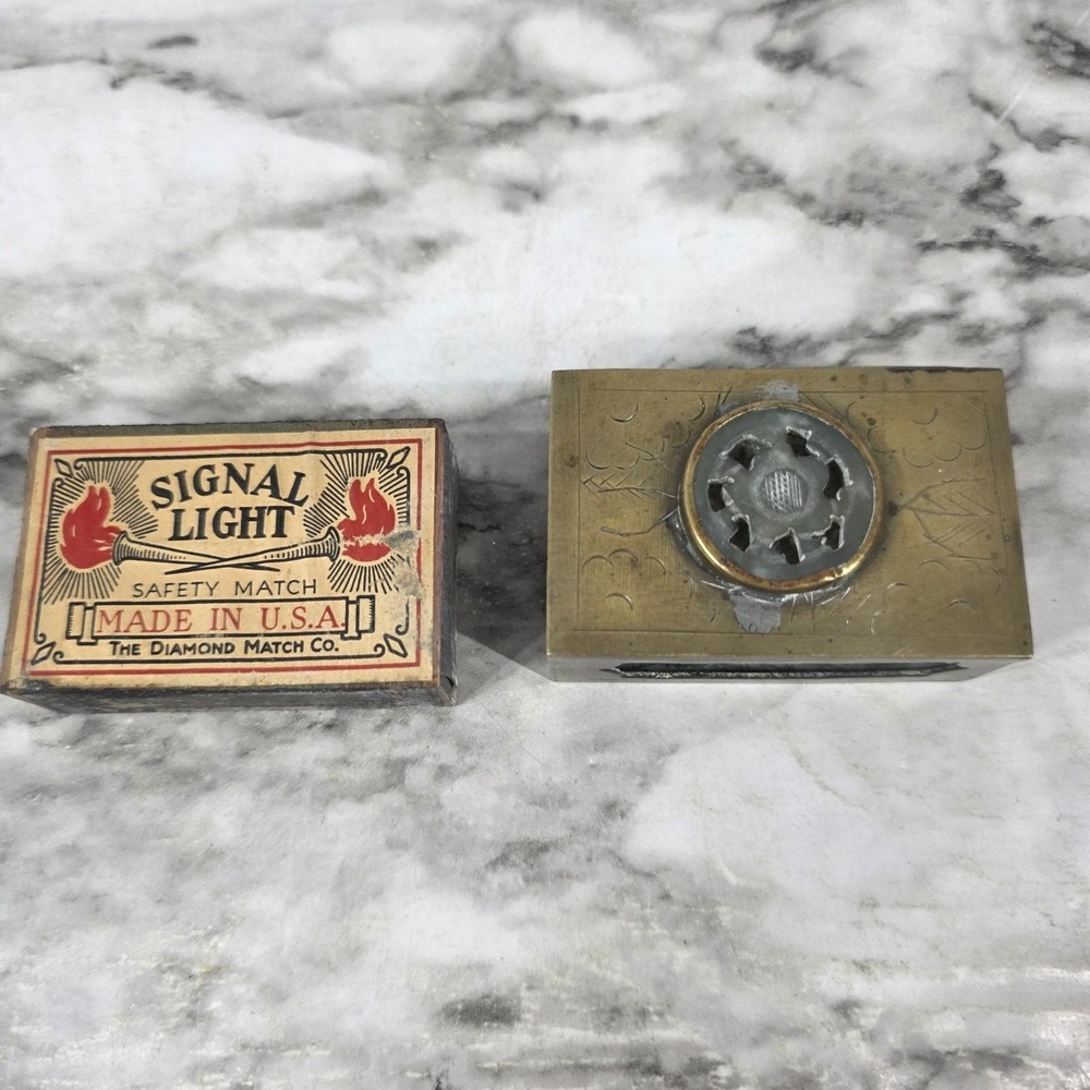 Vintage Brass And Signal Light Matchbox With Inlay Soldered With Etching